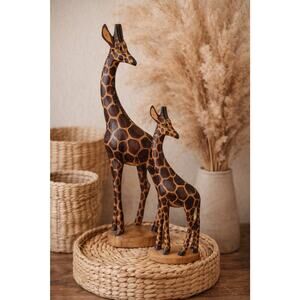 Vintage Hand Carved Wooden Giraffe Pair Safari Lodge Decor 19” & 12” Kenya